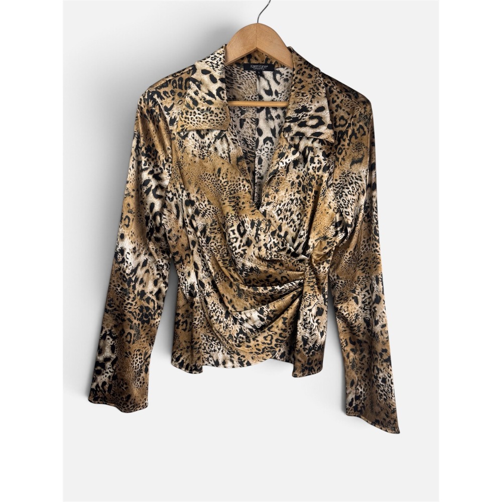Karen Kane Satin Blouse Brown Leopard Print Wrap Front Collared Women's Large